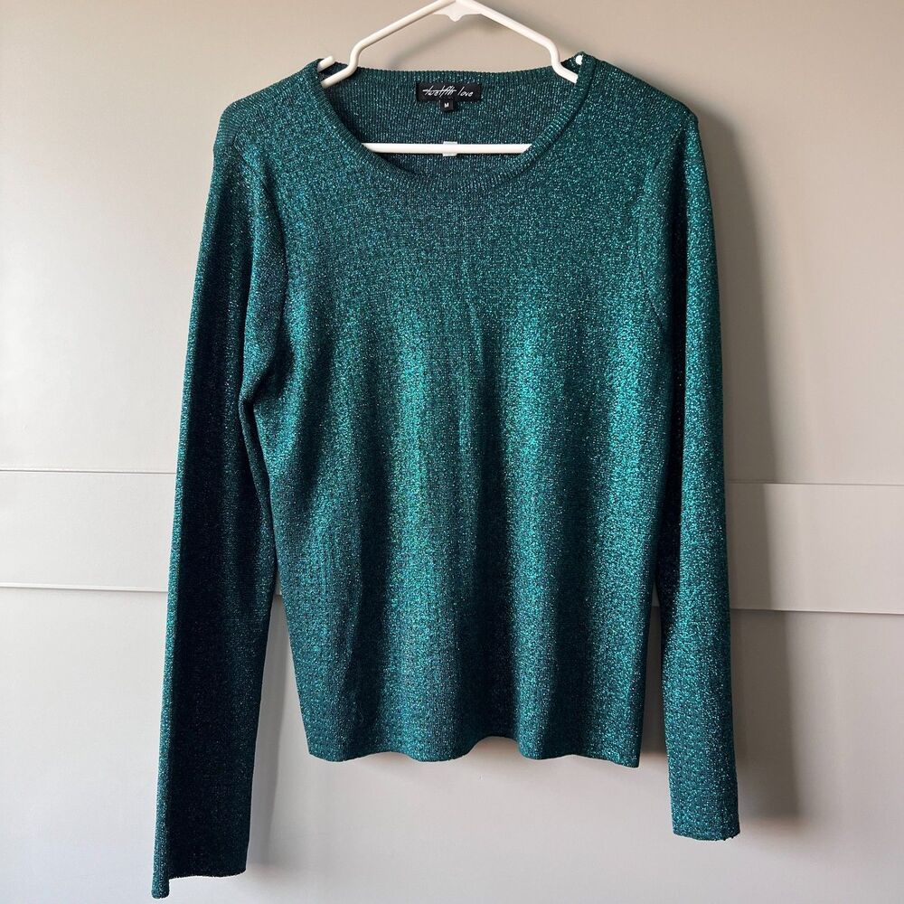 Twelfth Love Green Glittery‎ Long Sleeve Scoop Neck Top Women Sz Medium Shimmer